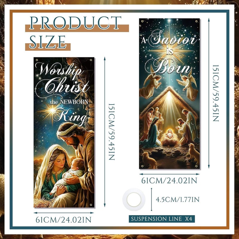 FuWeave 4 Pcs Nativity Scene Church Banners with Scripture for Sanctuary Wall, Jesus' Birthday Scene Christian Xmas Religious Hanging Sign Banner for Christmas, Church Event, Communal Prayers - Image 2